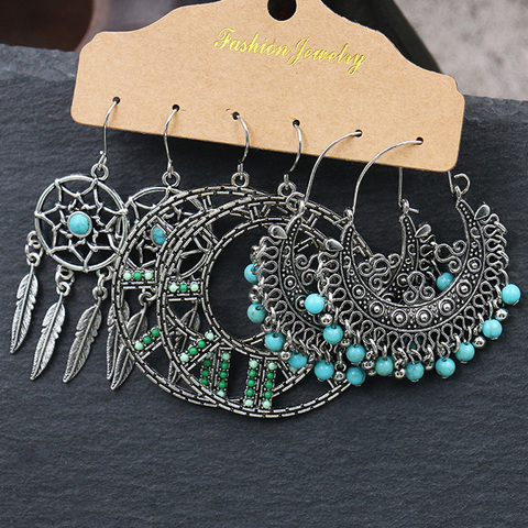 Ensemble de boucles d'oreilles ethniques pour femmes, couleur argent, Vintage, pierre bleue, perles, pompon, style Boho, été ► Photo 1/1
