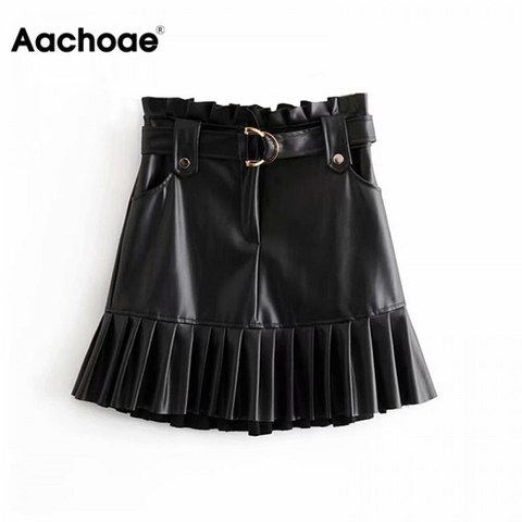 Aachoae femmes cuir synthétique polyuréthane noir jupe avec ceinture mode Streetwear volants plissé Mini jupes a-ligne Club de fête Sexy jupe courte ► Photo 1/6