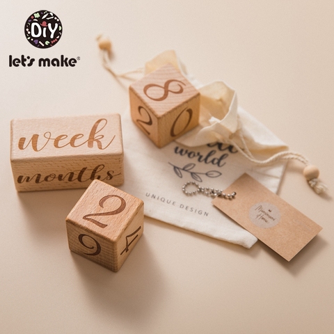 Let's Make-bloc de Log, 3 pièces/ensemble pour bébé, motif carré gravé en lettres, en bois, cadeau de bain pour nouveau-né, calendrier de photographie ► Photo 1/6