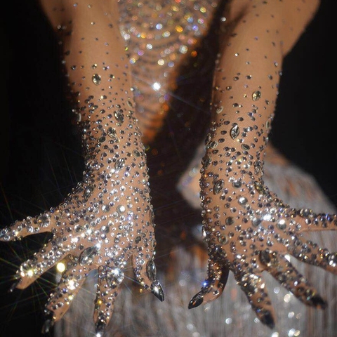 Luxueux Stretch strass gants femmes brillant cristal maille longs gants danseur chanteur discothèque danse scène spectacle accessoires ► Photo 1/6