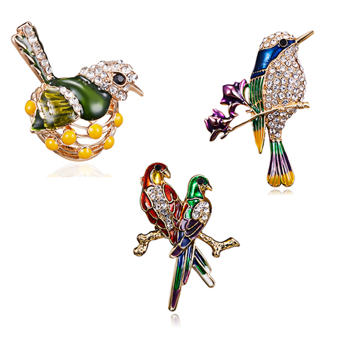 Strass coloré émail Branches oiseaux broche broches peinture huile mignon oiseau fleur cristal Animal à la main bijoux de noël ► Photo 1/6