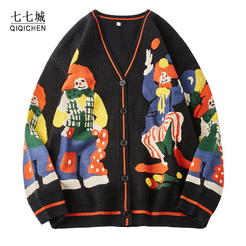 Pull tricoté de noël femmes Cardigan surdimensionné Streetwear pull en tricot drôle Clown imprimé coton hommes Harajuku manteaux en tricot ► Photo 1/6