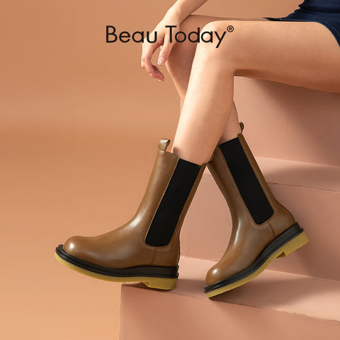BeauToday Chelsea bottes femmes en cuir de vache mi-mollet longueur couleurs mélangées bout rond élastique mode dames chaussures à la main 02374 ► Photo 1/6