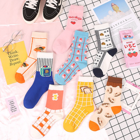 Chaussettes en coton pour femmes, motifs d'animaux amusants, Harajuku, motifs humoristiques, biscuits, œufs, pain, beignets, chaussettes heureuses, Kawaii, pour filles ► Photo 1/5