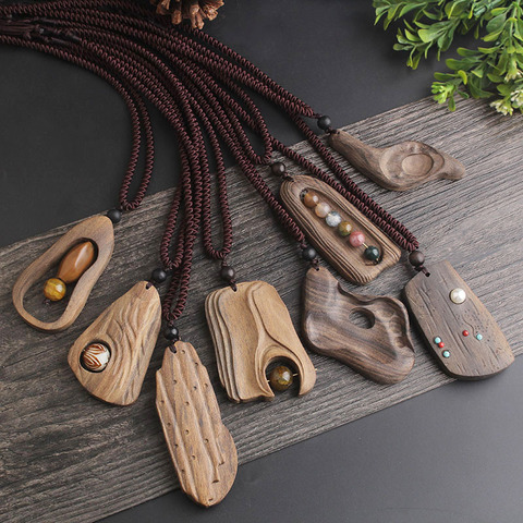 Chaîne de pull longue rétro de Style National exagéré, collier pendentif en bois Simple fait à la main, pendentif pour vêtements ► Photo 1/6