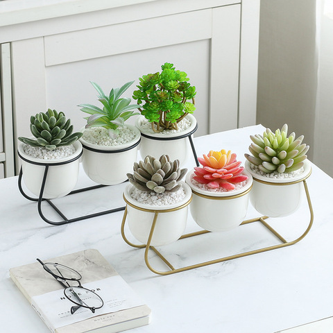 Pot de fleurs en céramique blanche moderne avec cadre en fer doré et noir, Pot de plantes succulentes pour décoration de la maison (3 jardinières + 1 support) ► Photo 1/6