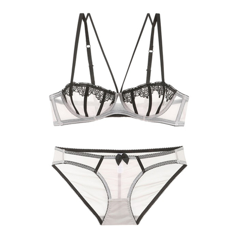 Ensemble soutien-gorge et culotte demi-tasse en dentelle transparente brodée, sous-vêtements Sexy sans doublure, Lingerie pour femmes, nouvelle collection été 2022 ► Photo 1/6