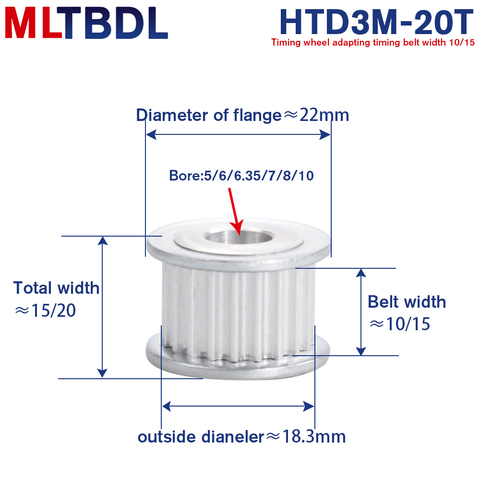 Poulie d'engrenage 3M 20T 5/6/6.35/7/8/10mm, lancement de 3mm, 11mm de largeur, en alliage d'aluminium, poulies pour ceintures de synchronisation synchrone ► Photo 1/6