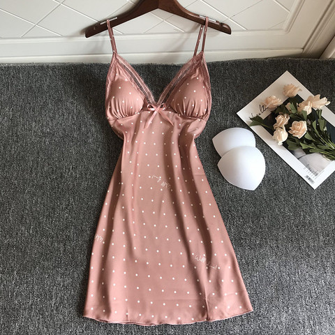 Été dentelle Sexy Dot chemise de nuit femmes mince évider glace soie sangle poitrine coussin chemise de nuit ► Photo 1/5