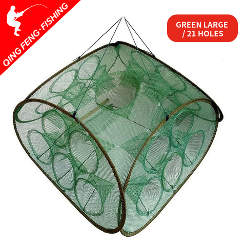 Renforcé 21 trous filet de pêche automatique Cage à crevettes en Nylon pliable crabe piège à poisson moulé filet moulé réseau de pêche pliant ► Photo 1/4