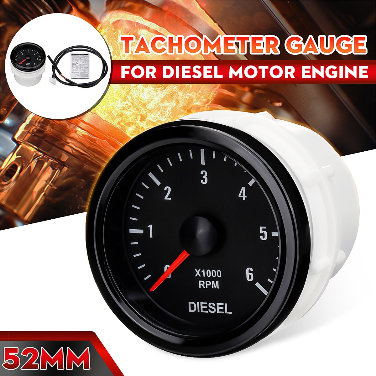 Tachymètre électrique blanc 12V | Pour moteur Diesel, voiture, 23 ''52mm 0-6000 RPM (sur le tableau de bord) ► Photo 1/6