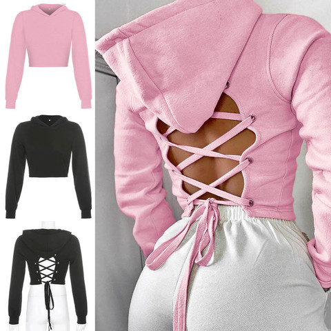 Vestes à capuche femmes sweat femmes Sexy creux recadré à capuche court Sweatershirt haut avec bretelles arrière sudaderas mujer ► Photo 1/6