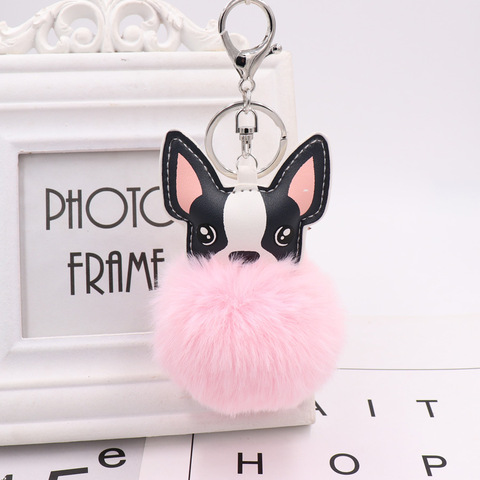 Boule de fourrure de lapin moelleux bouledogue français porte-clés pompon porte-clés en cuir Pu Animal chien porte-clés sac breloque bibelot Chaveiros ► Photo 1/6