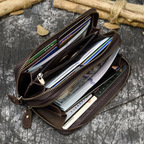 Hommes Double fermeture éclair crazy horse en cuir long portefeuille 24 porte-carte grand Zip autour de cuir véritable pochette porte-monnaie téléphone poche ► Photo 1/6