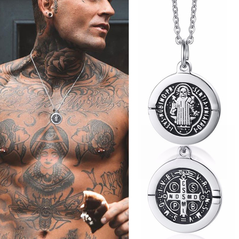 Collier pendentif médaille St benoît pour homme en acier inoxydable Crucifix & médaille miraculeuse ► Photo 1/1