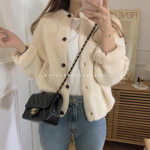 Nouveau femmes surdimensionnées chandails automne hiver pull Vintage boutons O cou Cardigans simple boutonnage manches bouffantes Cardigan ample ► Photo 1/6