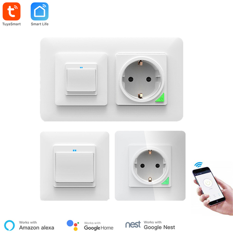 Tuya – prise murale WiFi intelligente et interrupteur d'éclairage, 2 en 1, télécommande sans fil, standard ue, Compatible avec Alexa et Google Home ► Photo 1/6