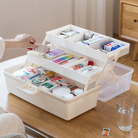 Boîte de rangement de trousse de premiers soins Portable de grande capacité à 3 couches en plastique boîte de trousse d'urgence familiale multifonctionnelle avec poignée ► Photo 1/6