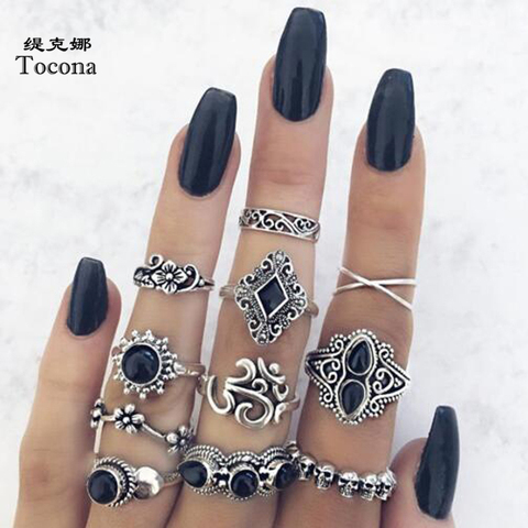 Tocona-bagues en strass noir argent, Vintage, 11 pièces/ensembles, avec des fleurs sculptées, forme géométrique, bijoux Boho, bague de mariage pour femmes, 10057 ► Photo 1/6