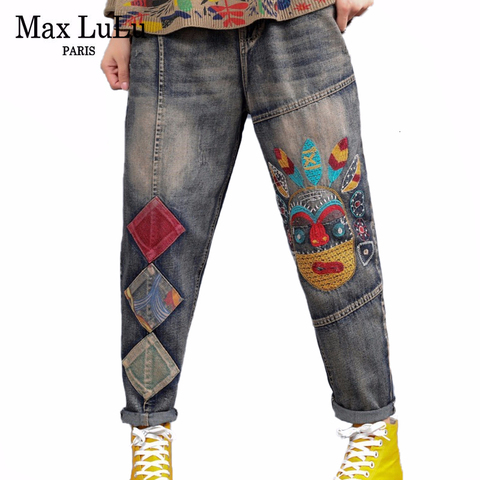 Max LuLu-pantalon en Denim pour femmes, mode coréenne, brodé en Denim Vintage, ample, grande taille, collection 2022, automne pantalon décontracté ► Photo 1/6