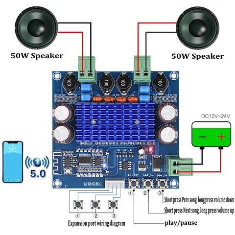 Amplificateur de puissance numérique sans fil Bluetooth 5.0, 2x50W, Module Audio stéréo 12V 24V ► Photo 1/6