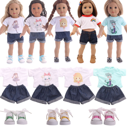 Vêtements de poupée mignon motif Animal costume T-shirt + jean court pour 18 pouces poupée américaine filles & 43 Cm nouveau-né bébé, poupées chaussures ► Photo 1/6