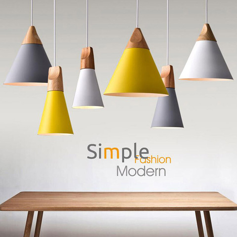 Nordique combiné barre vrai bois pendentif lumières multicolore en aluminium abat-jour lampes suspendues pour salle à manger maison luminaire ► Photo 1/6