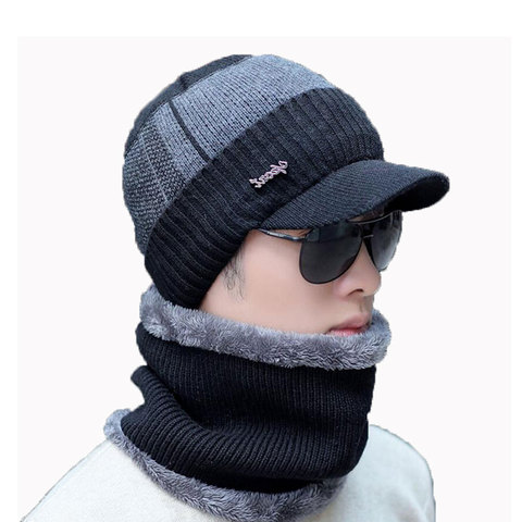 Ensemble chapeau et écharpe pour homme et femme, anneau écharpe bonnet tricoté avec bord, bonnet, cagoule, chaud, ensemble de 2 pièces pour adulte, hiver ► Photo 1/6