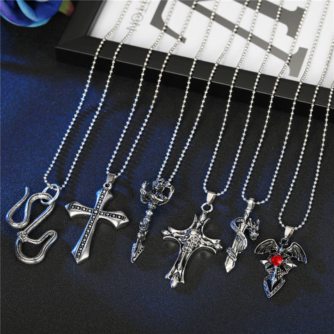 Nouveau Vintage croix crâne collier sous forme de serpent tour de cou pour hommes femmes Punk argent couleur Zircon sceptre grand pendentif collier mâle bijoux ► Photo 1/6