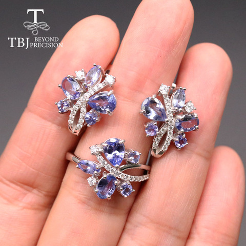 Ensemble de bijoux de pierre gemme Tanzanite naturelle, bague de boucle d'oreille de pierre gemme tanzanie bleu clair 925 bijoux fins en argent sterling pour les femmes ► Photo 1/6