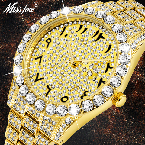 MISSFOX-montre de luxe pour hommes, chiffres arabes, de marque supérieure, grande diamant, en or 18k, avec cristal, classique, glacée pour hommes ► Photo 1/5