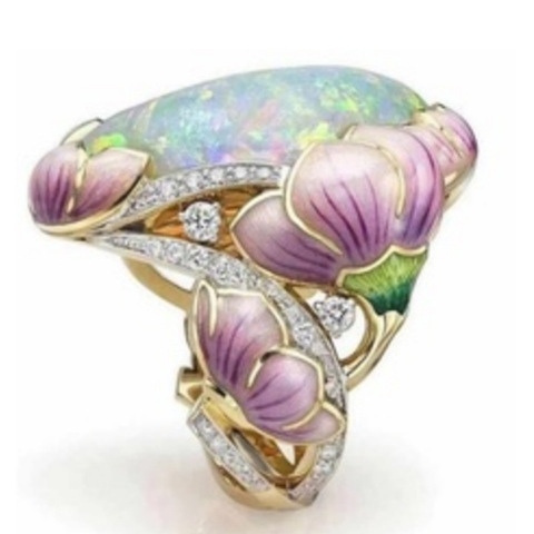 Bague Vintage pour femmes en émail, bague coulée en pierre d'opale, bague de Cocktail en fleurs exquises, bijoux à la mode ► Photo 1/5