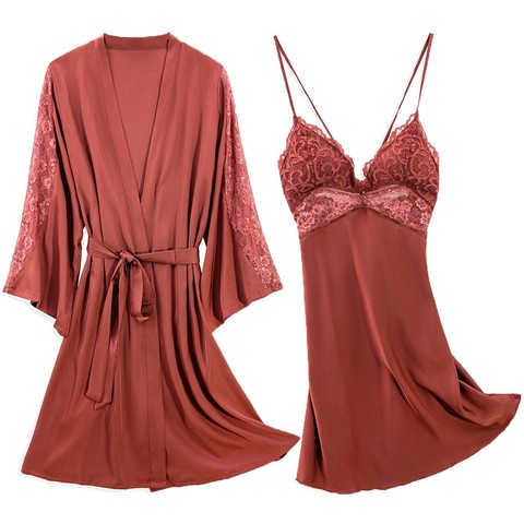 Ensemble Sexy de 2 pièces pour femmes, chemise de nuit en Satin soyeux, Kimono en dentelle Patchwork, Lingerie intime, chemise de nuit douce ► Photo 1/5