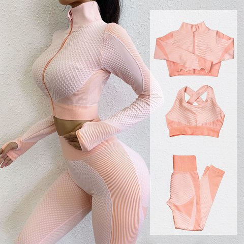 Fitness costumes Yoga femmes tenues 3 pièces ensembles chemise à manches longues + soutien-gorge de Sport + Leggings sans couture entraînement vêtements de course vêtements de Sport, LF051 ► Photo 1/6