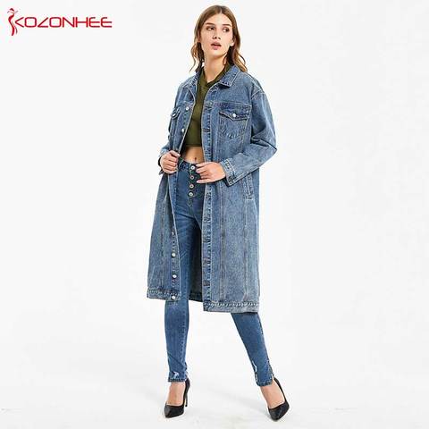 Mode bleu inélastique femmes Long Denim manteau jean manteaux décontracté poche vestes femmes Vintage jean veste #07 ► Photo 1/6
