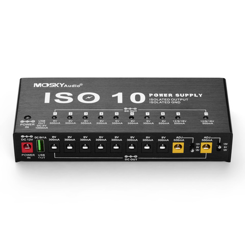 MOSKY Station d'alimentation à effet de guitare de ISO-10 qualité 10 sorties cc isolées et une sortie USB 5V pour effets de guitare 9V 12V 18V ► Photo 1/6