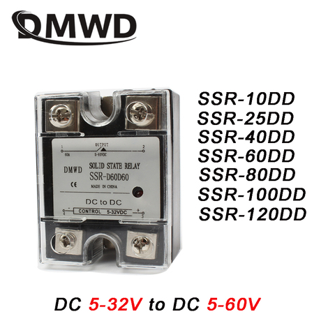 1Pc SSR 10DD/25DD/40DD/60DD/80DD/100DD/120DD relais à semi-conducteurs monophasé cc avec entrée indicateur 5-32V charge cc 5-60V DC ► Photo 1/6