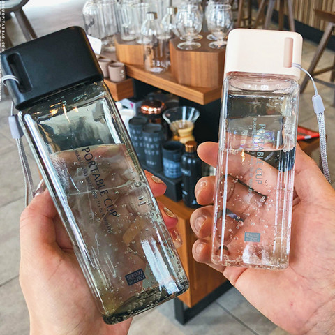 Petit gobelet d'eau carré en plastique avec couvercle 300ml, bouteilles simples et transparentes anti-fuites, portables, pour l'été ► Photo 1/6