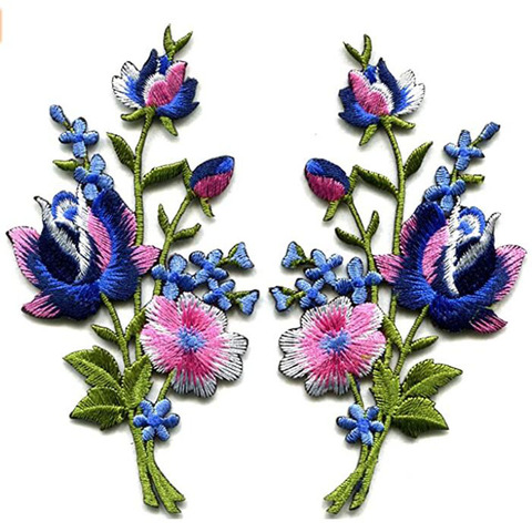 1 paire rose bleu Roses paire fleurs Bouquet fleuri Boho brodé Appliques thermocollant patchs nouveau ► Photo 1/2