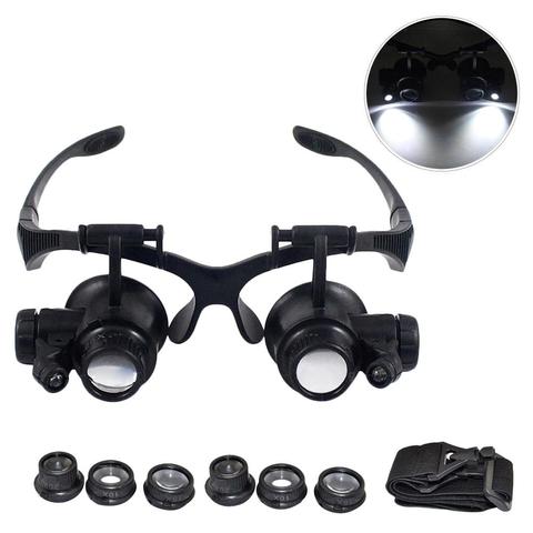 10X 15X 20X 25X Double oeil lunettes Loupe tête portant Loupe casque avec lumière LED pour montre réparation bijoutier ► Photo 1/6