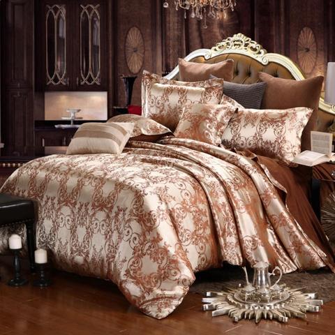 Luxe soie Satin Jacquard housse de couette ensemble de literie King Size draps et taies d'oreiller or housse de couette de haute qualité pour adultes ► Photo 1/6