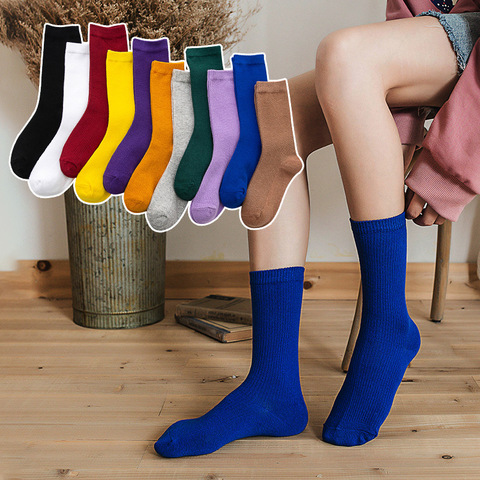 Chaussettes longues en coton pour femmes, lycéennes, japonaises et coréennes, chaussettes amples, couleur unie, Double aiguilles tricotées ► Photo 1/6