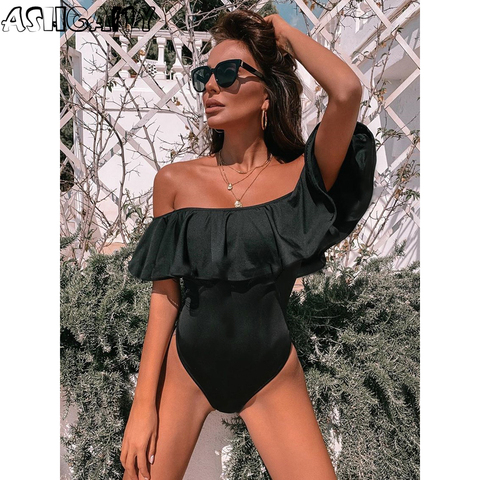 Ashgaily noir dentelle volant épaules dénudées maillot de bain femmes Sexy body maillot de bain Monokini à volants une pièce maillot de bain maillot de bain ► Photo 1/6