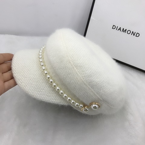 01911-fu-pearl ajouter kaki couleur perle boutons hiver chaud fausse fourrure dame octogonale chapeau femmes loisirs visières casquette ► Photo 1/6