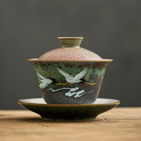 Bol à couvercle de thé en céramique rétro Anti-brûlure avec couvercle, bol à thé simple Sancai Gaiwan, bol à couverture de grue peint à la main brillant ► Photo 1/5