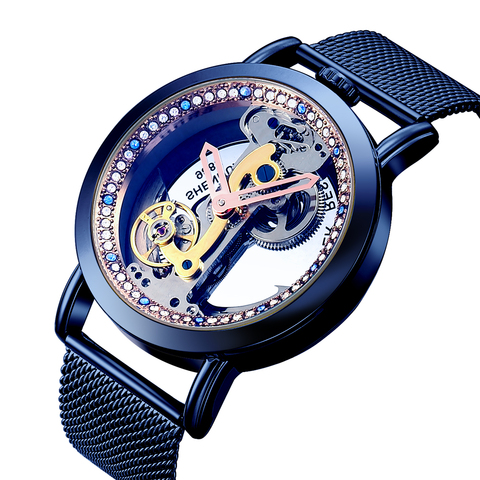 Montres à cadran automatique pour femmes, grand cadran, bracelet en maille, mécanique, Transparent, squelette, à la mode, diamant, de luxe ► Photo 1/6