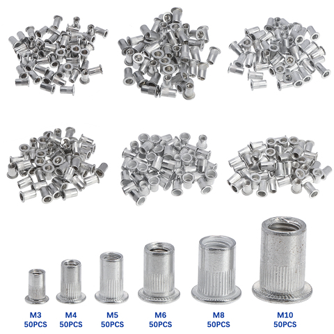 50 pièces M3 M4 M6 M8 M10 tête plate Rivet écrous ensemble en alliage d'aluminium Rivet écrous écrou insérer rivetage ensemble ► Photo 1/6