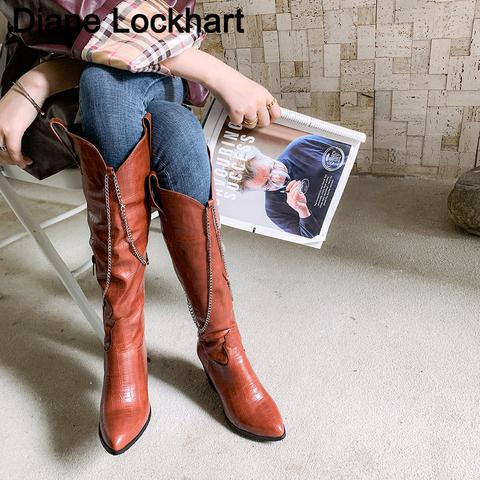 Bottes de Cowboy occidentales à bout pointu pour femmes, bottes longues et épaisses à talons hauts, grande taille, hiver ► Photo 1/6