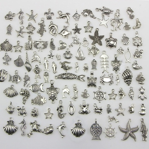 50pcs argent tibétain mixte hippocampe coquille étoile de mer tortue thème océan biologique pendentif à breloques bricolage perles bijoux accessoires ► Photo 1/6