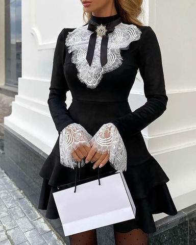 2022 Women Fashion Elegant Sexy Long Sleeve Lace Bell Sleeve Ruffle Dress OL Classic Romantic Patchwork Mini Dress ► Photo 1/4